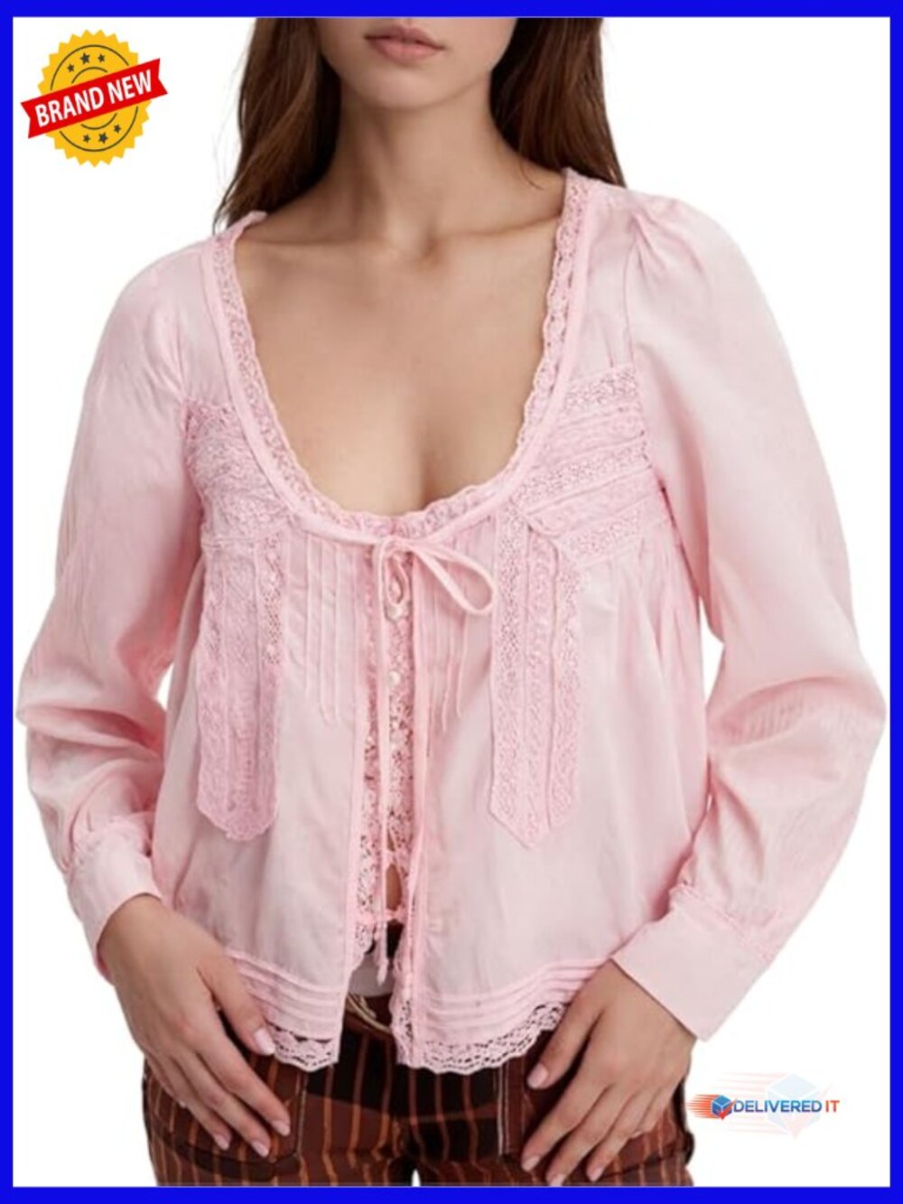 Ruffled Lace Trim Long Sleeve Blouse Button Down Tie Front Flowy Top